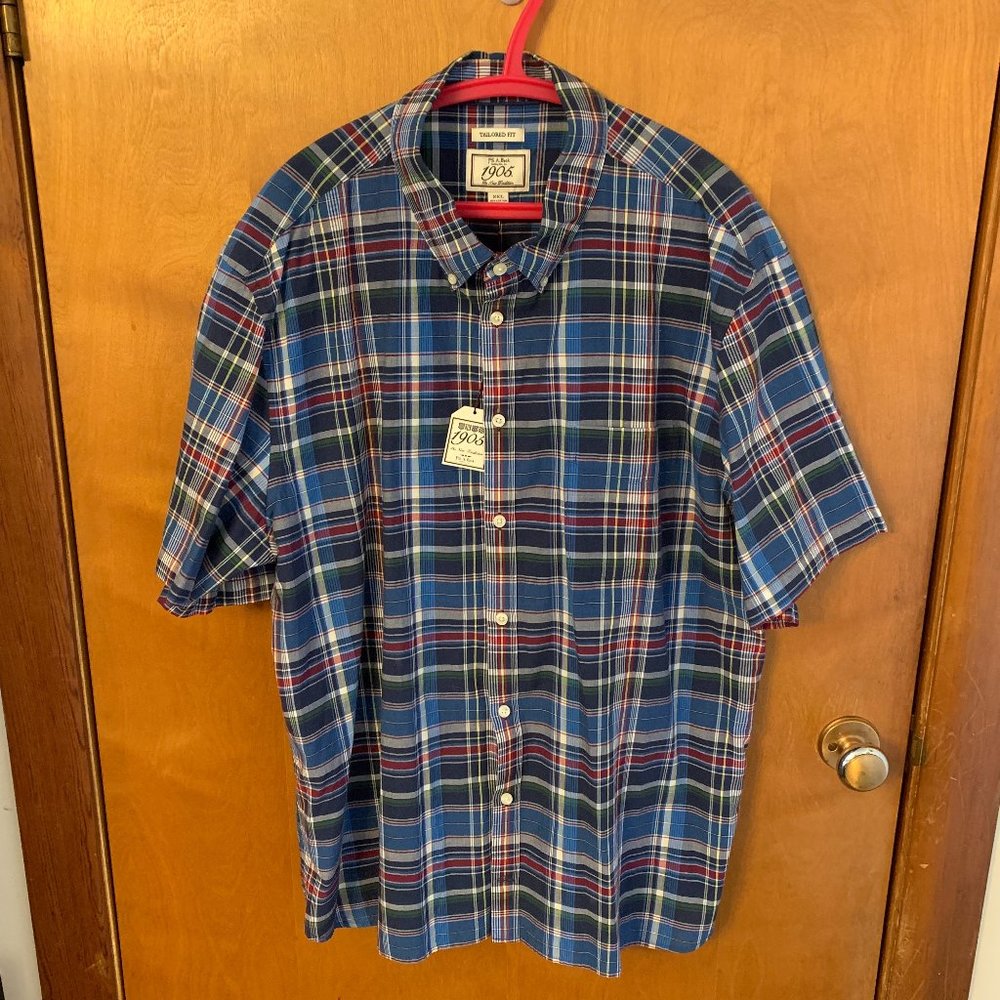 NWT Jos A Bank 1905 Collection XXL Blue and Red Plaid Cotton Short Sleeve Shirt